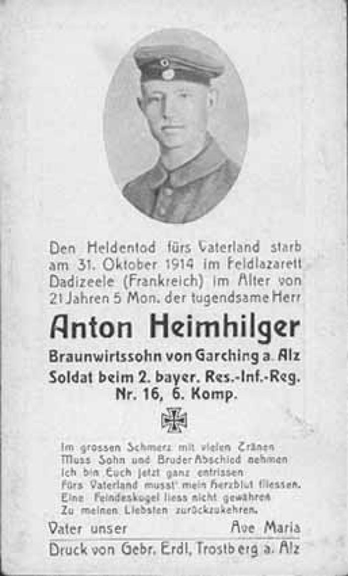 Bidprentje van Duitse soldaat Anton Heimhilger, Dadizele 30 oktober 1914