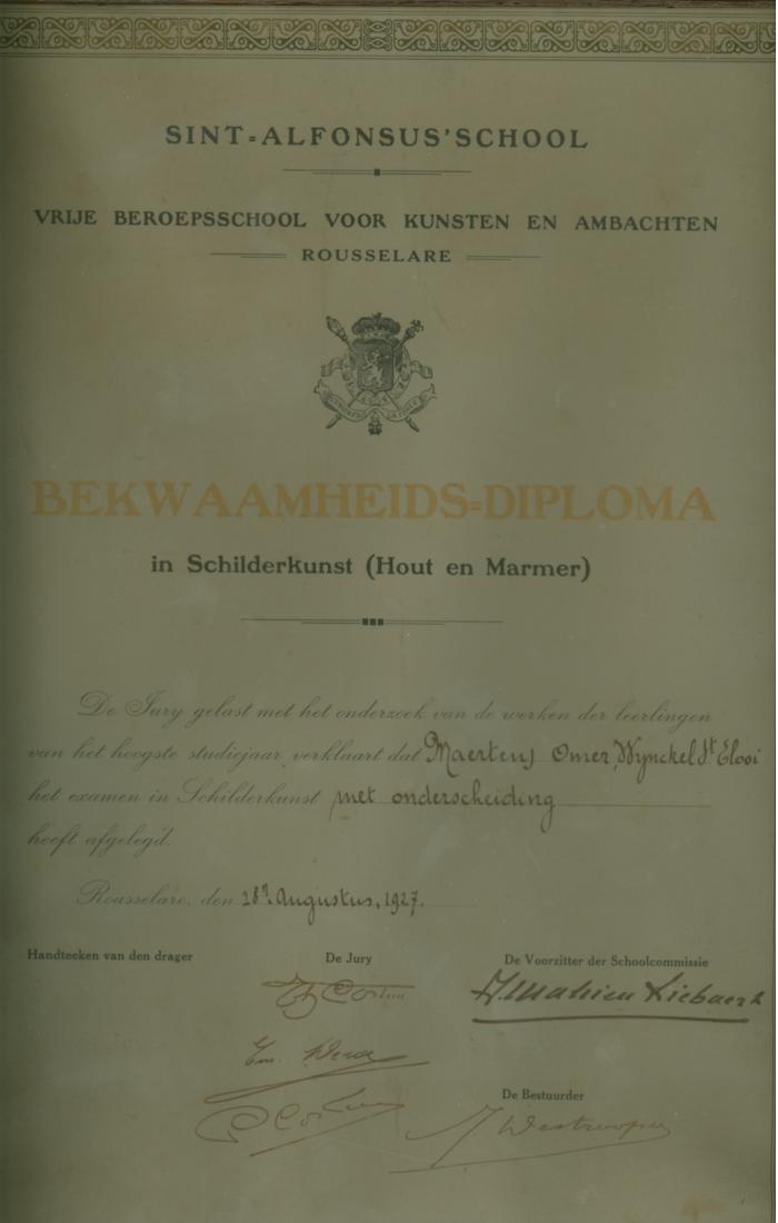 Bekwaamheidsdiploma in schilderkunst VTI, Roeselare, 1927