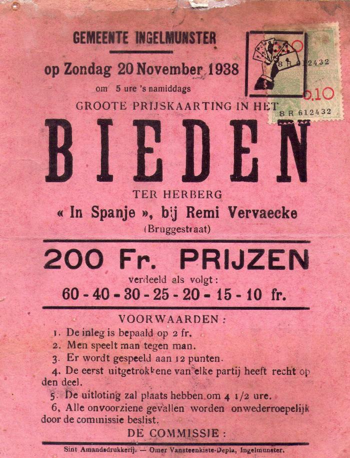 Affiche voor kaarting (bieden), Ingelmunster, 1938