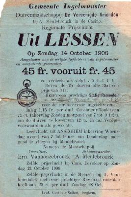 Affiche voor duivenvlucht uit Lessen, Ingelmunster, 1906