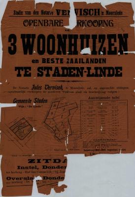 Affiche openbare verkoop 3 woonhuizen, Staden, oktober 1925