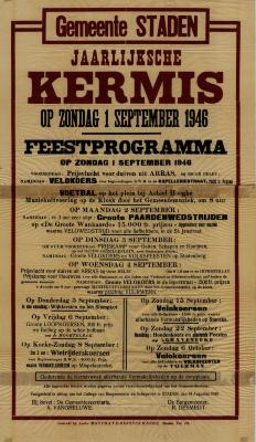 Affiche Jaarlijkse Kermis, Staden, 1 september 1946