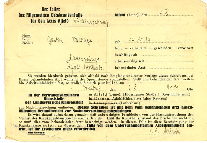 Uitnodiging voor medisch onderzoek, Lamspringe 6 oktober 1944