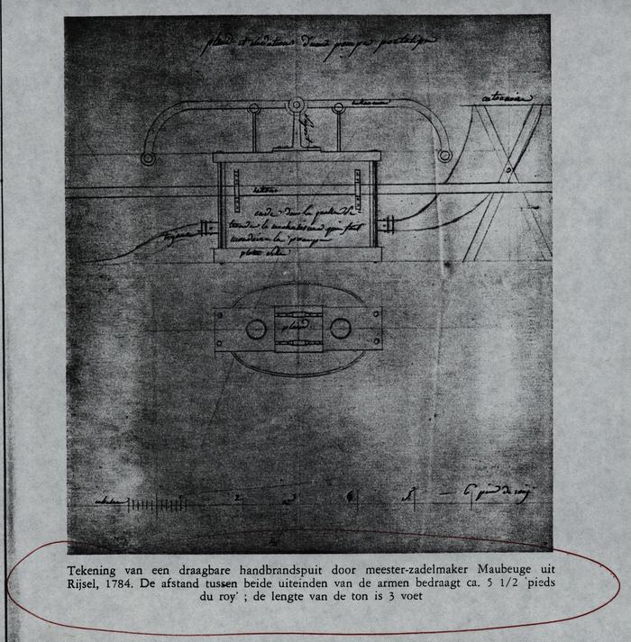 Tekening van draagbare handbrandspuit van Maubeuge, 1784