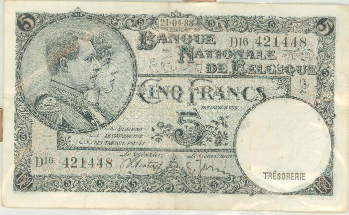 Oud geld Type 1919 nationale reeks (thesaurie) 5 BFR