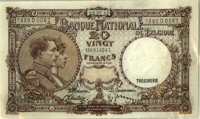 Oud geld type 1919 nationale reeks (thesaurie) 20 BFR