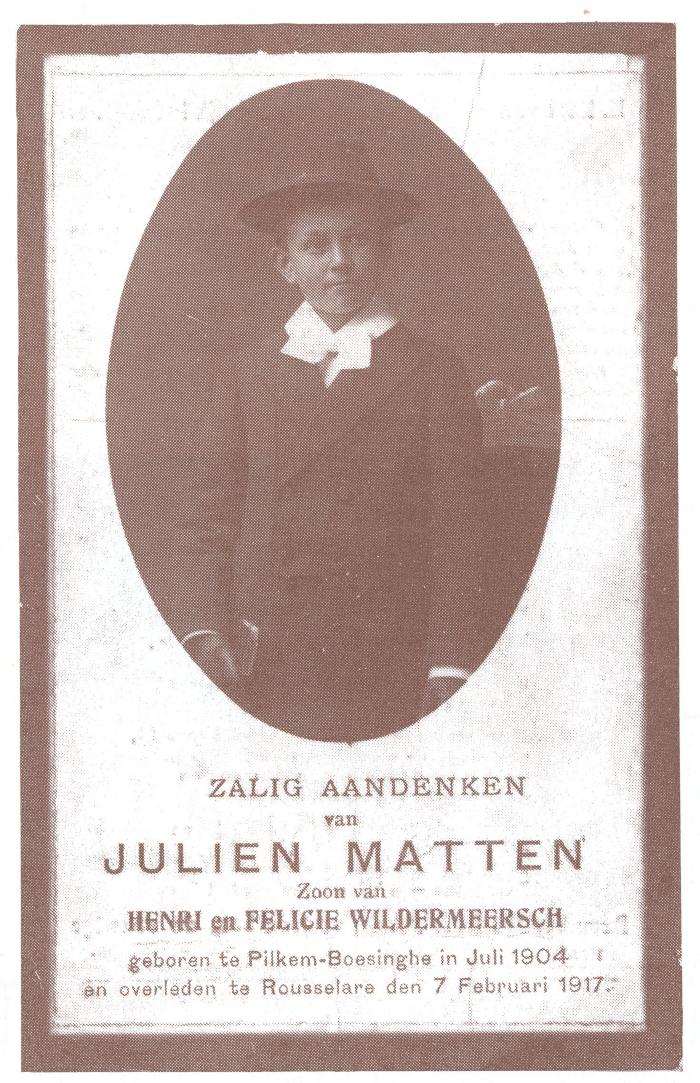 Bidprentje Julien Matten, overleden in Roeselare op 7 februari 1917