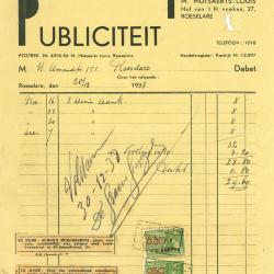 Factuur van Publiciteit M. Mutsaerts Louis , Roeselare, 1939