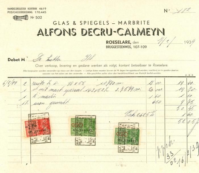 Factuur van Alfons Decru-Calmeyn , Roeselare, 1939 