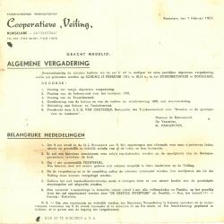 Uitnodiging tot de statutaire vergadering van de cooperatieve Veiling, Roeselare, 1951