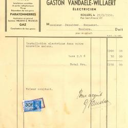 Factuur van Gaston Vandaele-Willaert , Roeselare, 1939