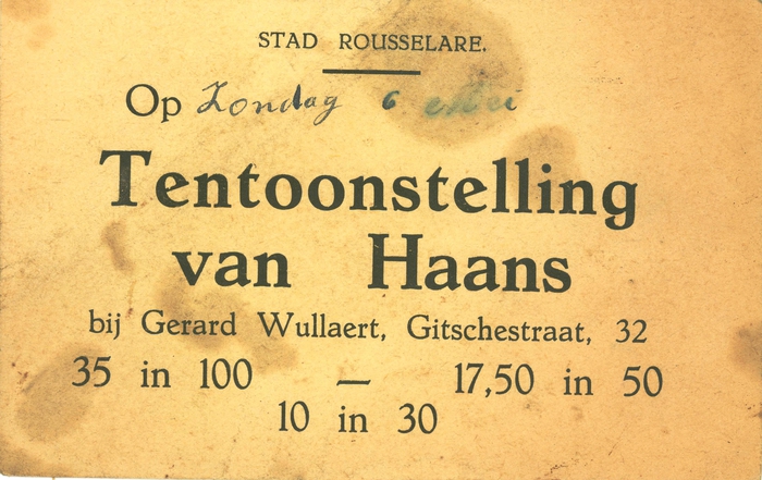 Flyer "tentoonstelling van haans, Rousselare"