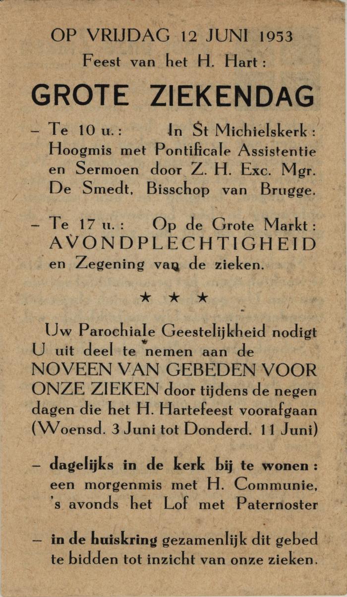 Bidprentje voor de Grote Ziekendag op het feest van het H. Hart Roeselare, 1953