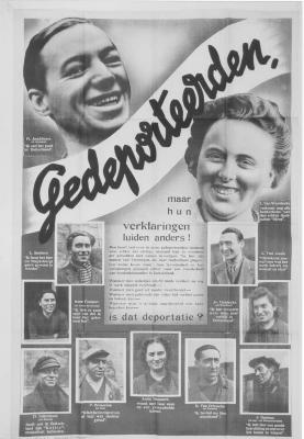 Affiche "Gedeporteerden, maar hun verklaringen klinken anders", WOII.